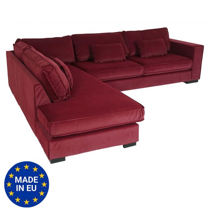 Ecksofa HWC-J58, Couch Sofa mit Ottomane links, Made in EU, wasserabweisend  295cm ~ Samt bordeaux-rot von Heute-Wohnen