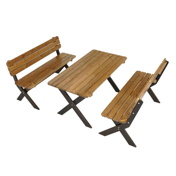 Gartengarnitur HWC-J83, Tisch + 2x Bank Sitzgruppe, Massiv-Holz  MVG-zertifiziert ~ braun, Kiefer dunkelbraun von Heute-Wohnen