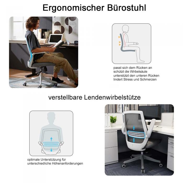 SIHOO Moderner ergonomischer Bürostuhl, Schreibtischstuhl, atmungsaktiv,  Taillenstütze, anhebbare Armlehne ~ grau von Heute-Wohnen