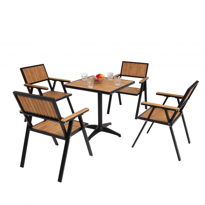 4er-Set Gartenstuhl+Gartentisch HWC-J95, Stuhl Tisch, Gastro  Outdoor-Beschichtung, Alu Holzoptik ~ schwarz, teak von Heute-Wohnen