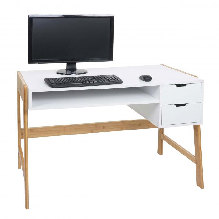 Schreibtisch HWC-K12, Bürotisch Computertisch Arbeitstisch, Schublade,  Bambus 76x115x58cm ~ weiß von Heute-Wohnen