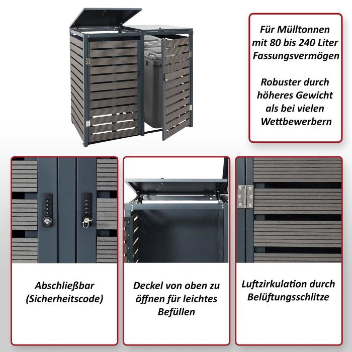 XL 2er-/4er-Mülltonnenverkleidung HWC-K14, Mülltonnenbox, 119x140x102cm WPC  Metall 86kg ~ anthrazit von Heute-Wohnen