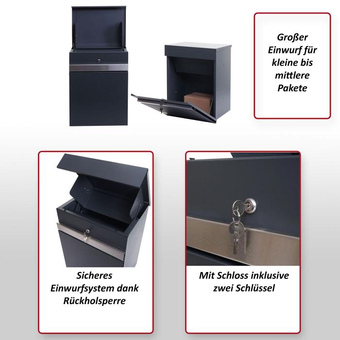 Paketkasten HWC-K41, Paketbox Paketfach Paketstation Briefkasten, Metall ~  verzinkt anthrazit-Edelstahl von Heute-Wohnen