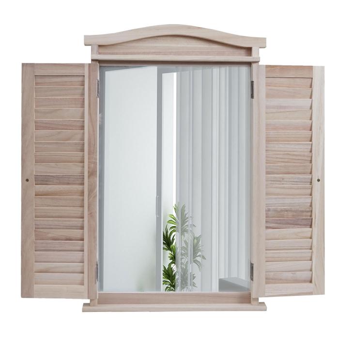 Wandspiegel Badspiegel Badezimmer Spiegelfenster mit Fensterlden, 71x46x5cm ~ shabby naturfarben