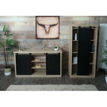 Wohnzimmerset aus Schrank und Sideboard HWC-K75, Schiebetre Staufcher, Holz-Optik Industrial Metall ~ naturfarben