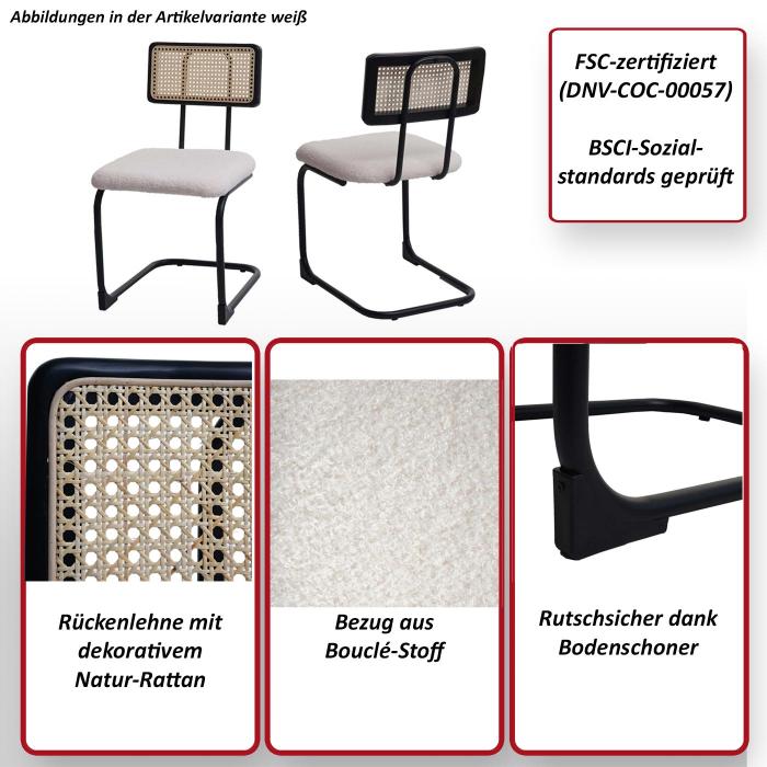 2er-Set Freischwinger-Stuhl HWC-K88, Stuhl Lehnstuhl, FSC-zertifiziert Holz  Rattan Metall Bouclé ~ Stoff/Textil hellgrau von Heute-Wohnen