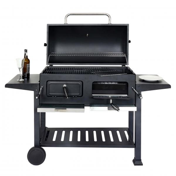 Holzkohlegrill HWC-K94, Grillwagen Standgrill BBQ Gartengrill mit Deckel Ablage, Stahl Emaille 110x153x60cm schwarz