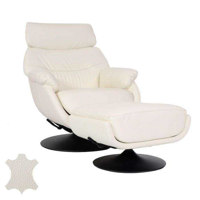 Relaxsessel mit Hocker HWC-K99, Fernsehsessel Sessel, Wippfunktion drehbar,  Metall Echtleder/Kunstleder ~ creme-weiß von Heute-Wohnen