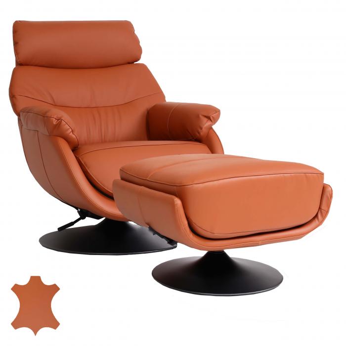 Relaxsessel mit Hocker HWC-K99, Fernsehsessel Sessel, Wippfunktion drehbar,  Metall Echtleder/Kunstleder ~ braun von Heute-Wohnen