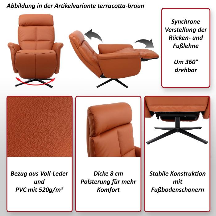 Relaxsessel HWC-L10, Design Fernsehsessel TV-Sessel Liegesessel,  Liegefunktion drehbar, Voll-Leder ~ grau von Heute-Wohnen
