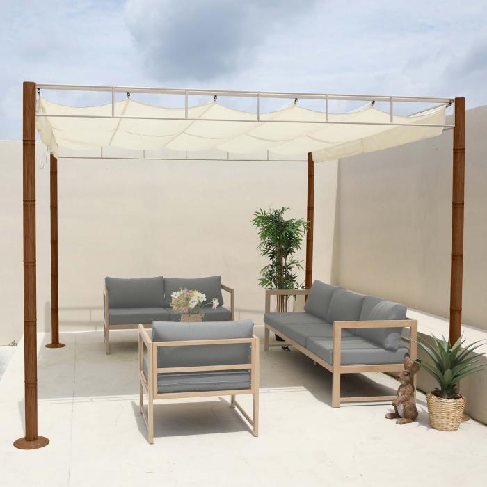 Pergola HWC-L42, Garten Pavillon Terrassenüberdachung, stabiles 7cm-Metall-Gestell  3x3m Bambus-Optik ~ creme-weiß von Heute-Wohnen