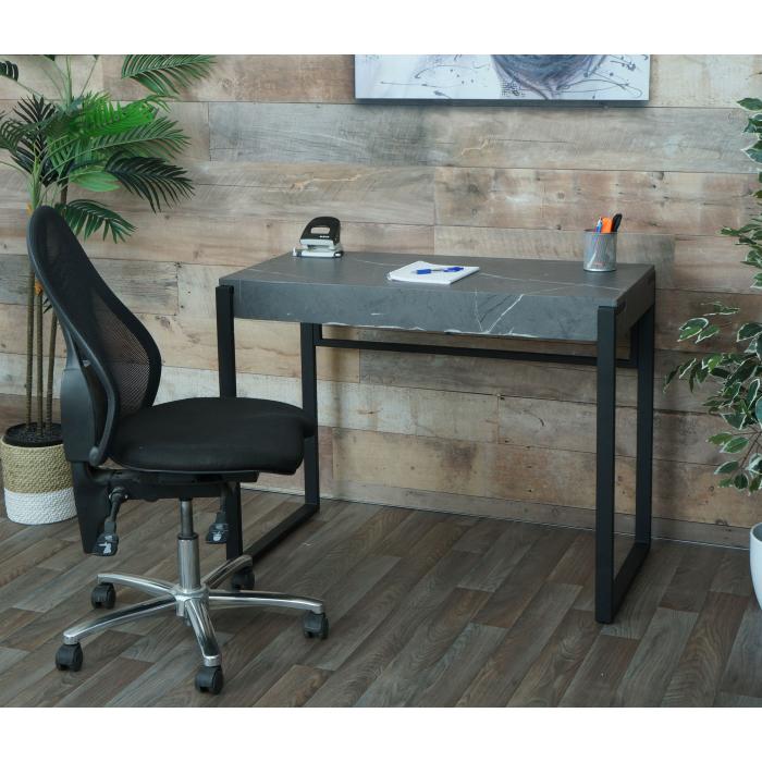 Schreibtisch HWC-L53, Bürotisch Computertisch Arbeitstisch, Metall 100x54cm  ~ Marmor-Optik grau von Heute-Wohnen