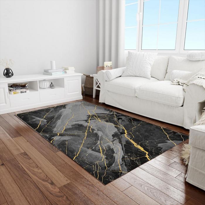 Teppich & Läufer Marmor Trend Flach 11x Größen Anthrazit & Gold 8mm  HLO-JE58 ~ 80x300 cm (2,40m²) von Heute-Wohnen