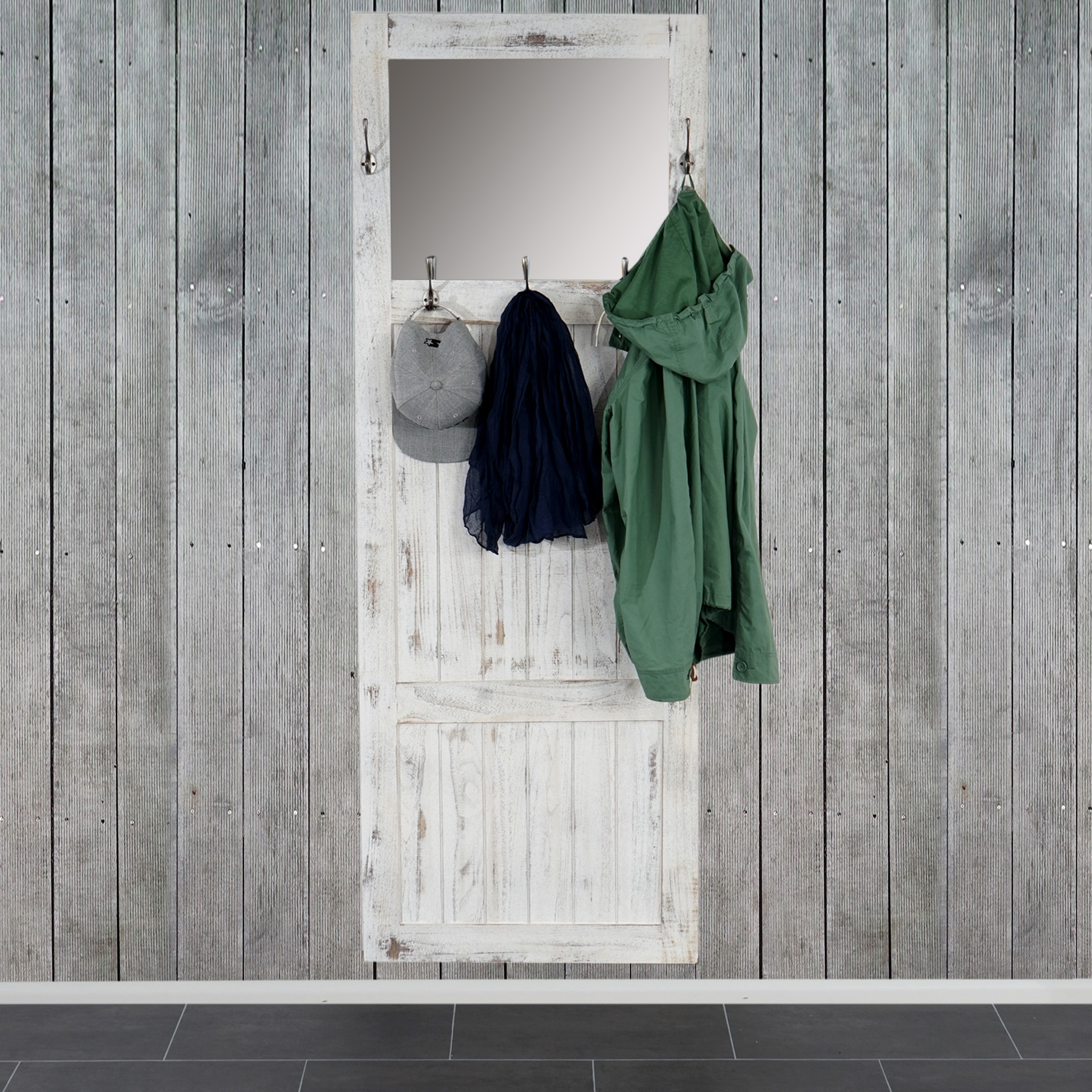 Garderobe Wandgarderobe mit Spiegel Wandhaken 180x65x7cm, Shabby-Look,  Vintage ~ weiß von Heute-Wohnen