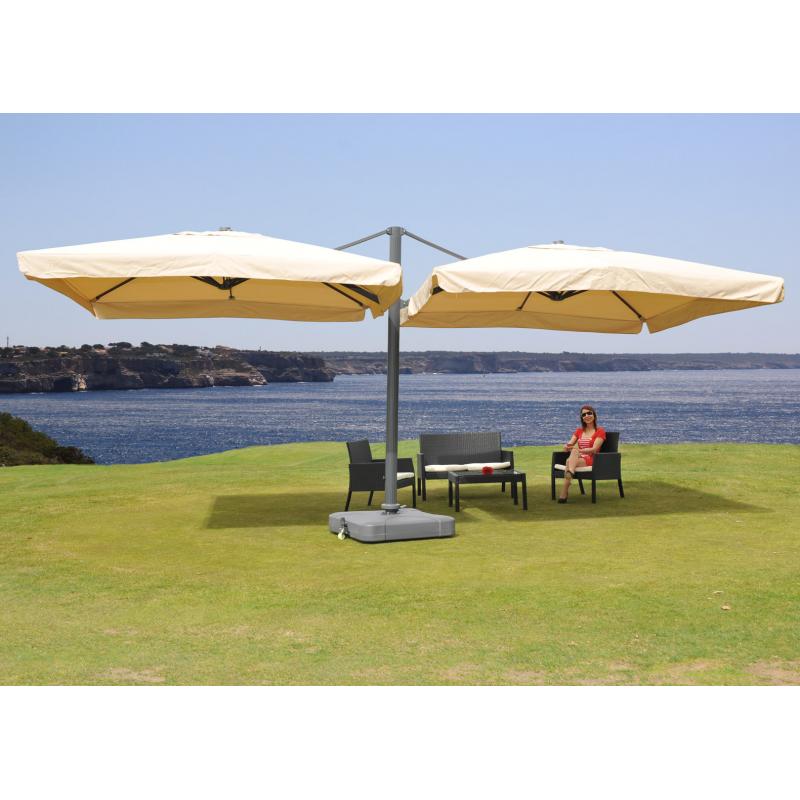 Gastronomie-Alu-Luxus-Doppel-Ampelschirm T44, Pergola-Markise-Effekt, 6,2x3m Polyester 50kg ~ creme-beige + Stnder