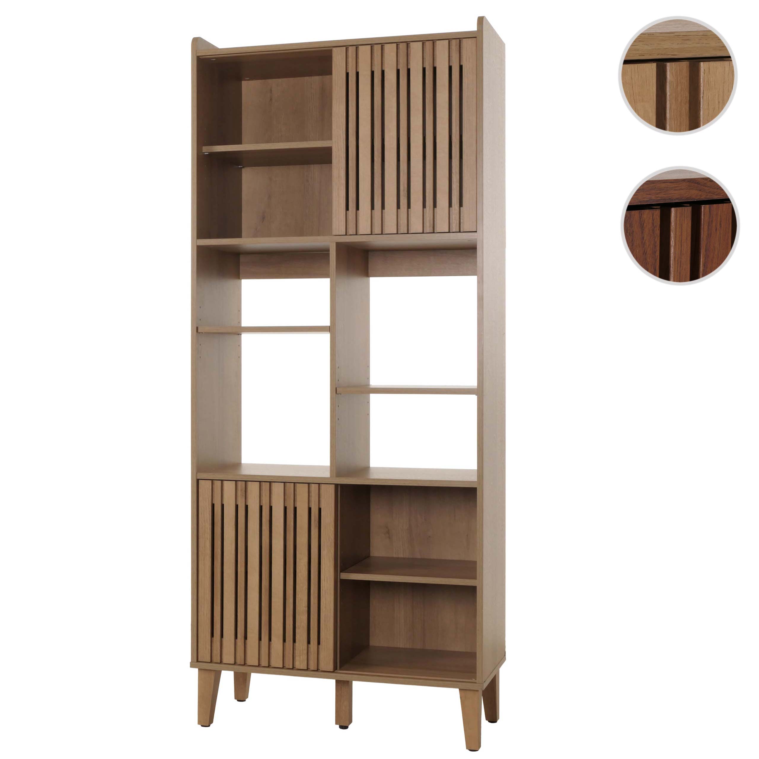 Mendler Bücherregal HWC-M48, Bücherschrank Hochschrank, Schiebetür 8 Staufächer Mango-Massivholz MDF 178x75x 105424+105425