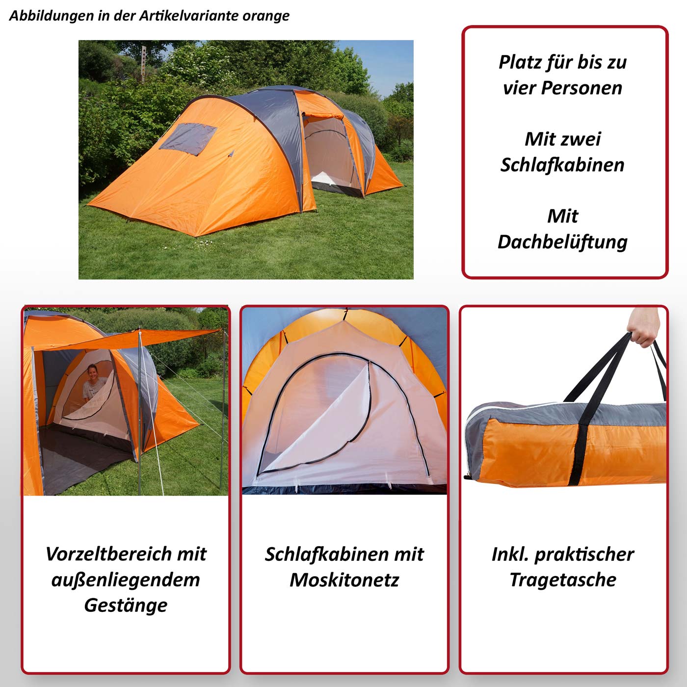 Campingzelt Loksa, 4-Mann Zelt Kuppelzelt Igluzelt Festival-Zelt, 4 Personen  ~ rot von Heute-Wohnen