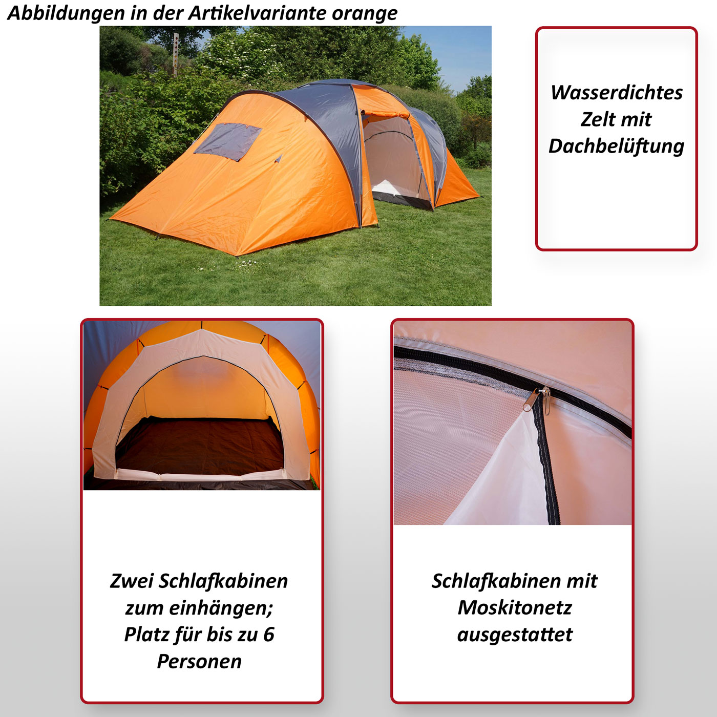 Campingzelt Loksa, 6-Mann Zelt Kuppelzelt Igluzelt Festival-Zelt, 6  Personen ~ orange von Heute-Wohnen