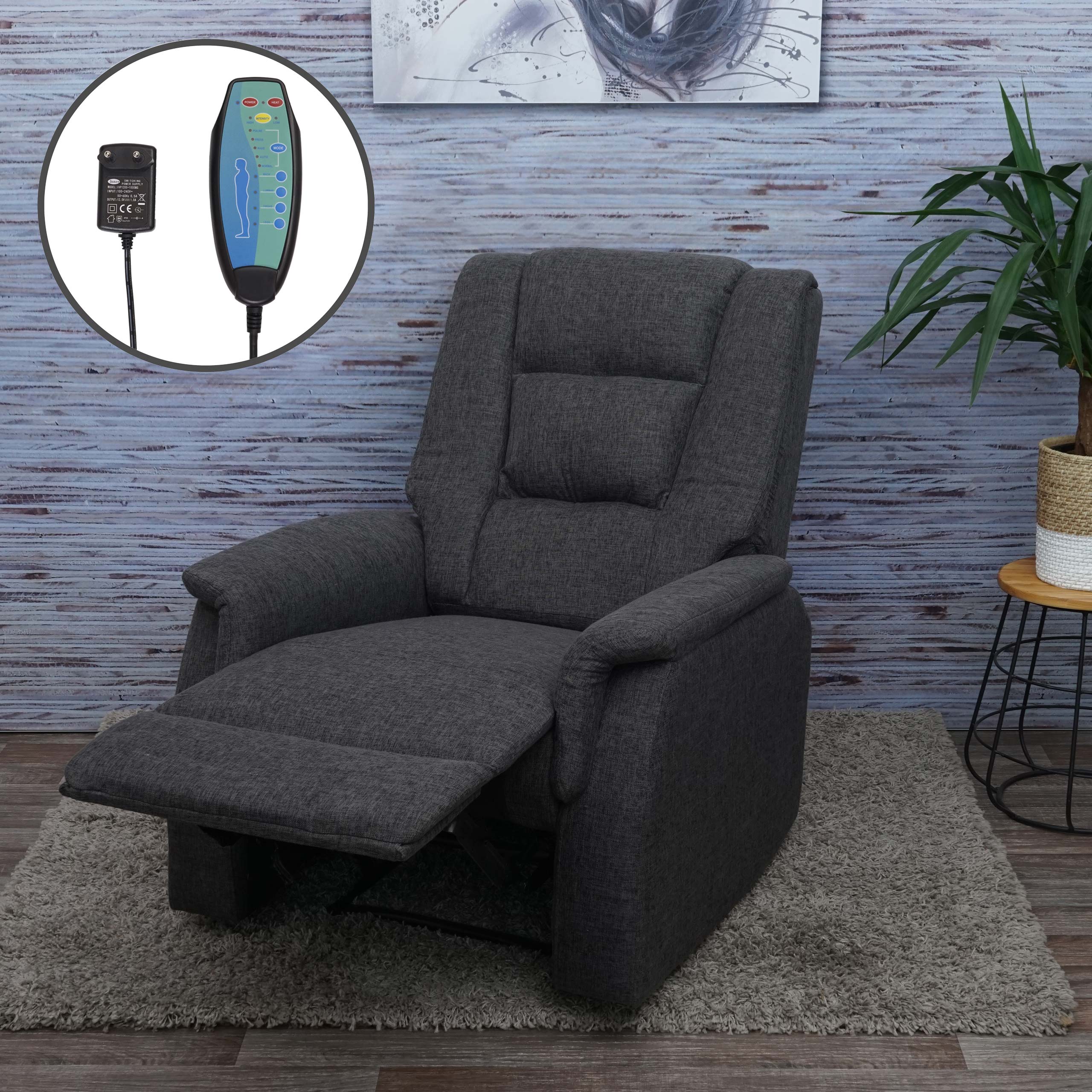 Fernsehsessel HWC-F23, Relaxsessel Liege Sessel, Stoff/Textil 102x79x96cm ~  grau inkl. Massage- und Wärmefunktion von Heute-Wohnen