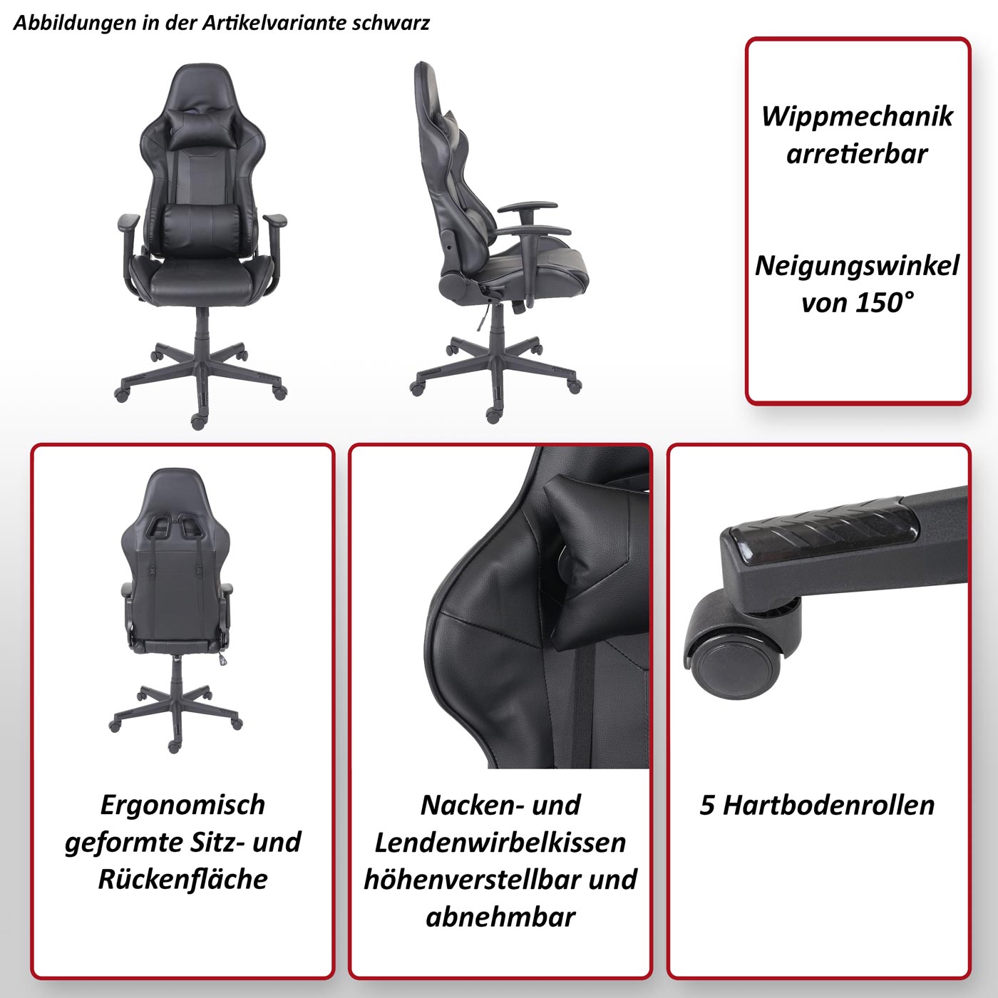 Bürostuhl HWC-F84, Schreibtischstuhl Gamingstuhl Chefsessel Drehstuhl,  Kunstleder ~ schwarz/rot von Heute-Wohnen