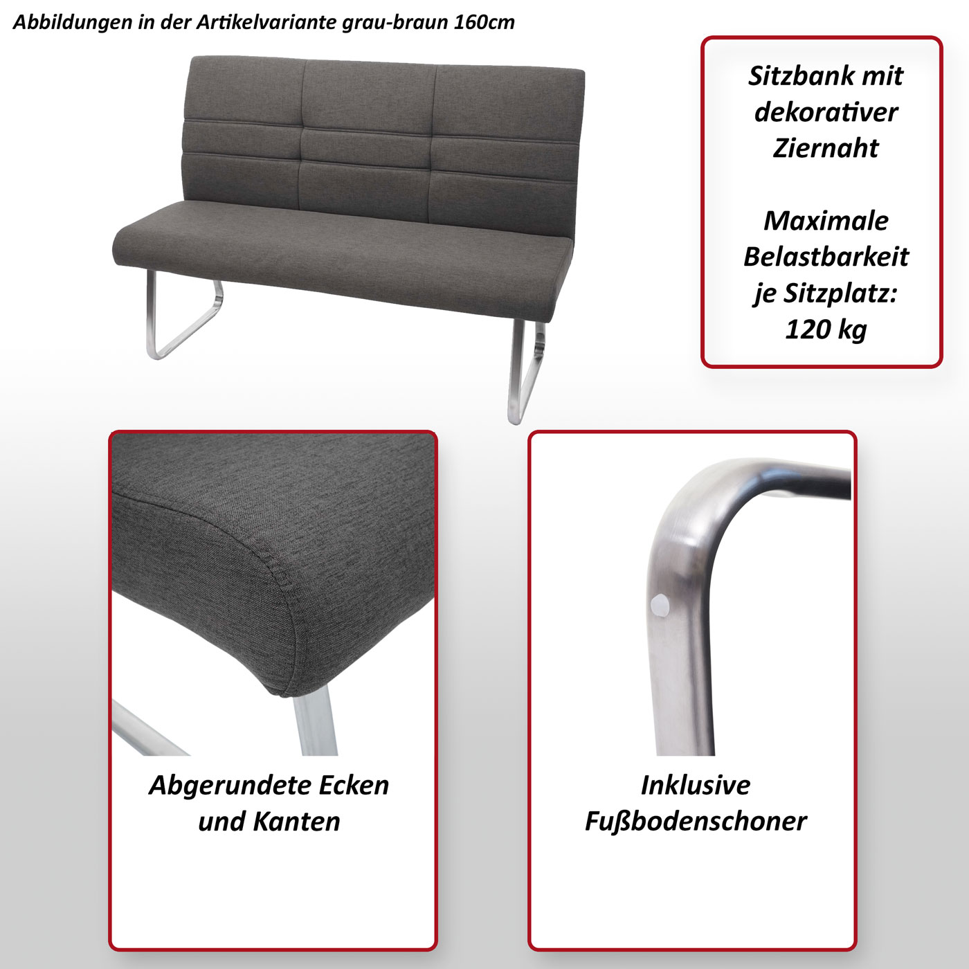Set 2x Esszimmerstuhl+Sitzbank HWC-G55, Bank Küchenstuhl Stuhl,  Stoff/Textil Edelstahl ~ grau-braun Bank 160cm von Heute-Wohnen