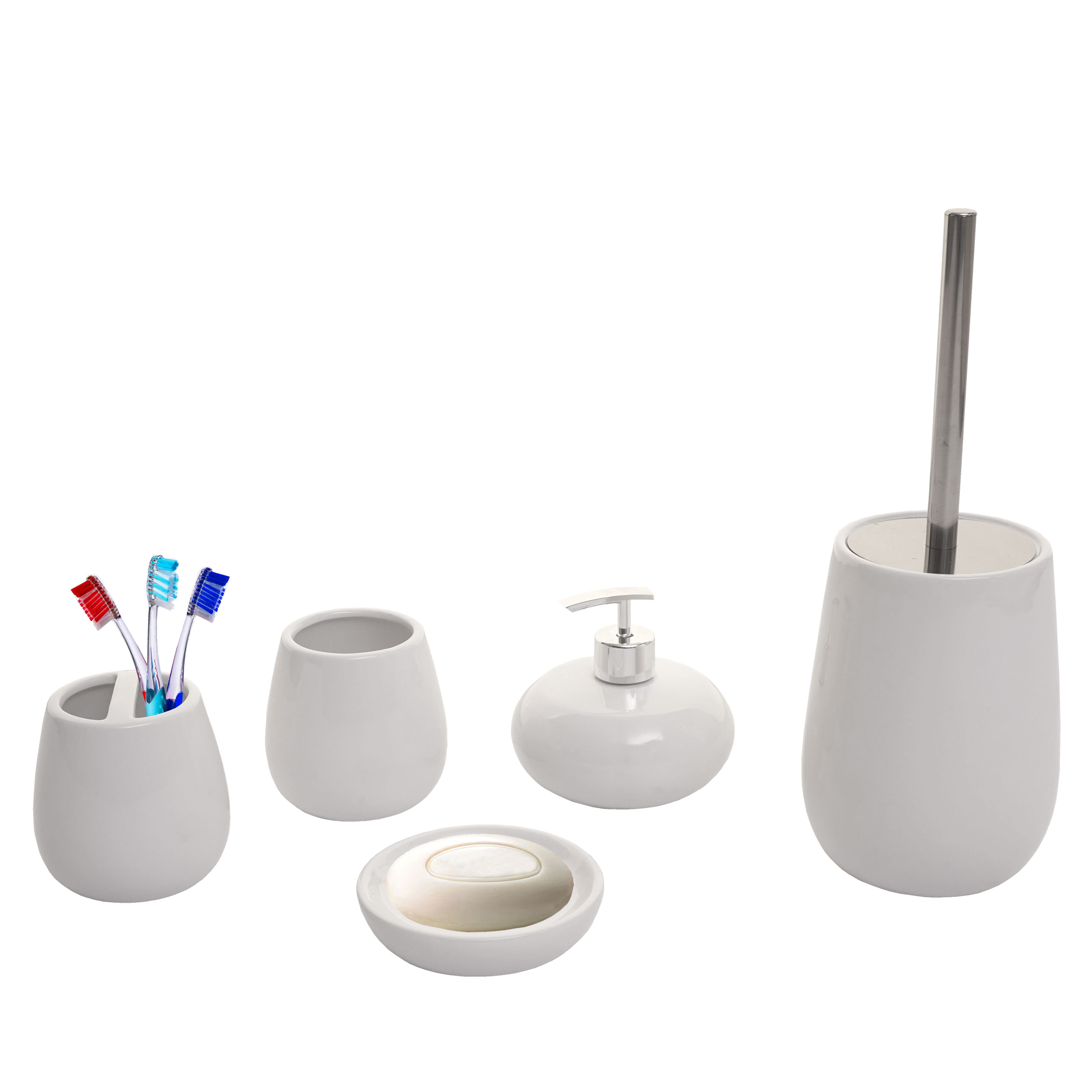 Badset weiß Keramik HWC-C72, ~ WC-Garnitur Heute-Wohnen Badaccessoires, 5-teiliges von Badezimmerset