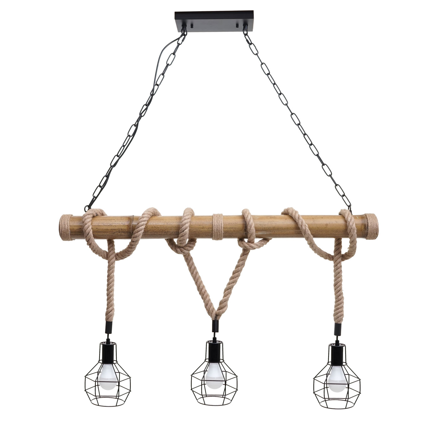 Pendelleuchte Hängelampe Hängeleuchte, Industrial Vintage Bambus Seil  Metall schwarz - 3x Gitterlampenschirm | traumlampen