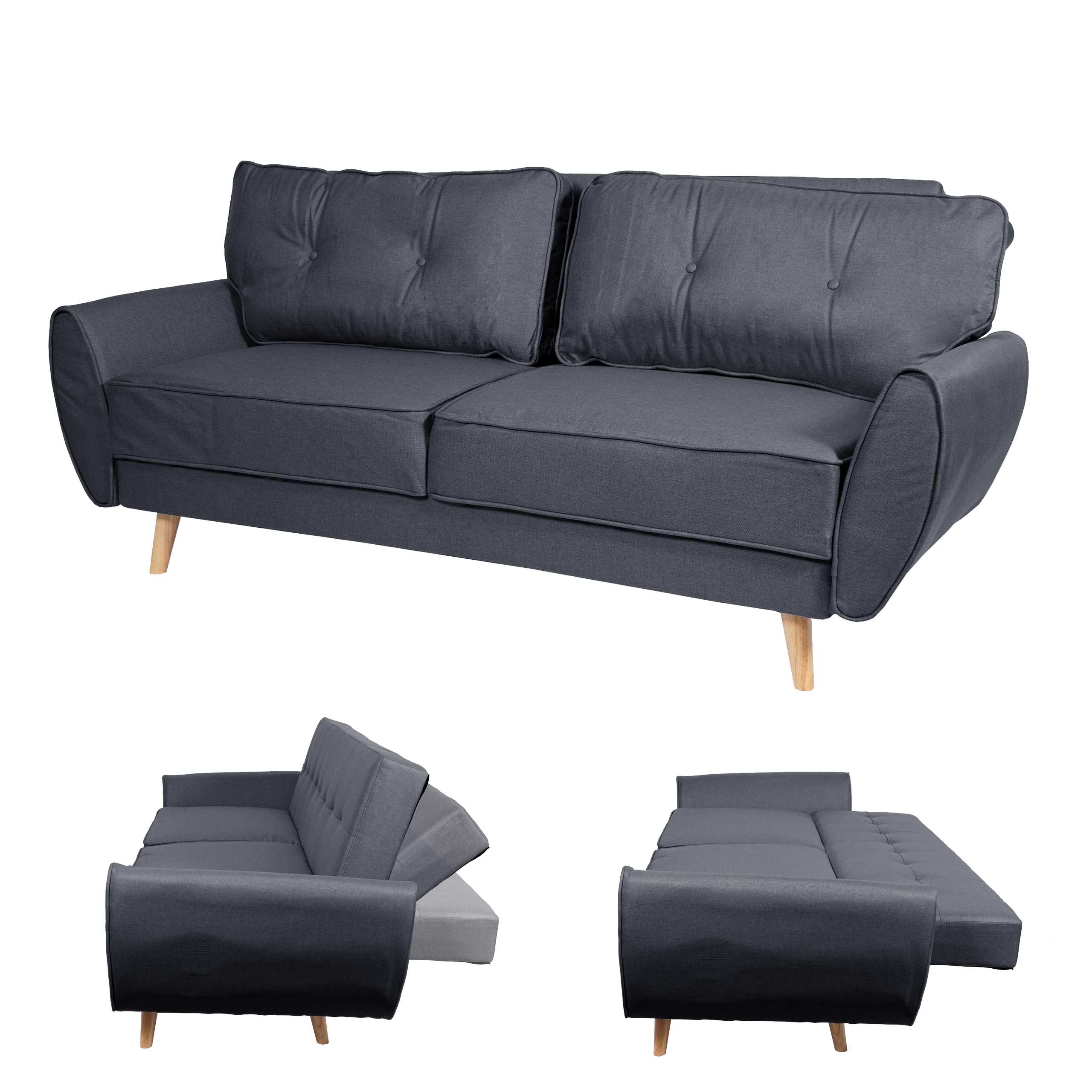 3er-Sofa HWC-J19, Couch Klappsofa Lounge-Sofa, Schlaffunktion ~  Stoff/Textil anthrazit von Heute-Wohnen