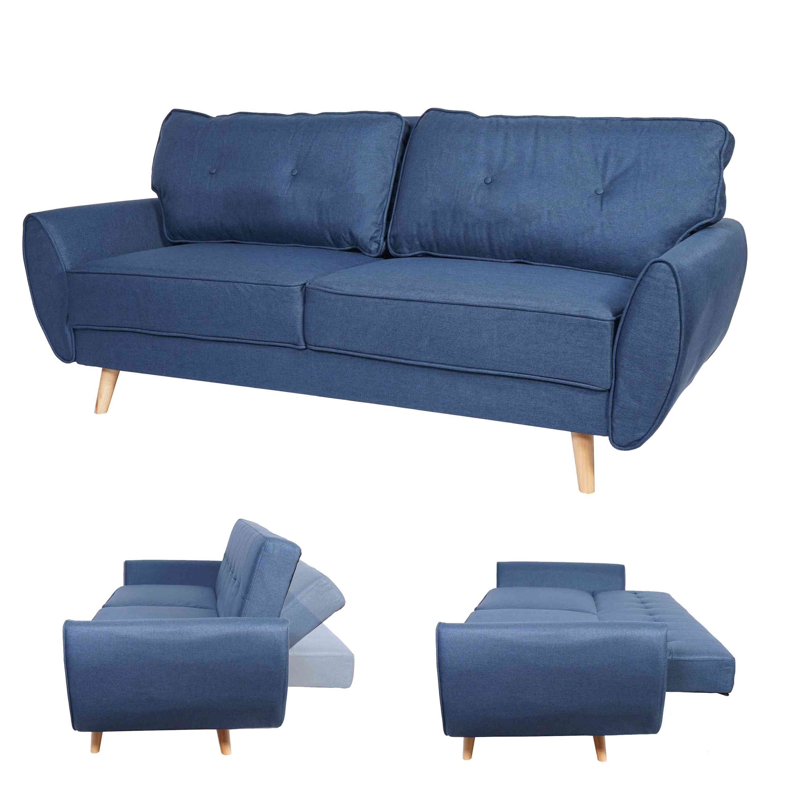 3er-Sofa HWC-J19, Couch Klappsofa Lounge-Sofa, Schlaffunktion ~  Stoff/Textil blau von Heute-Wohnen