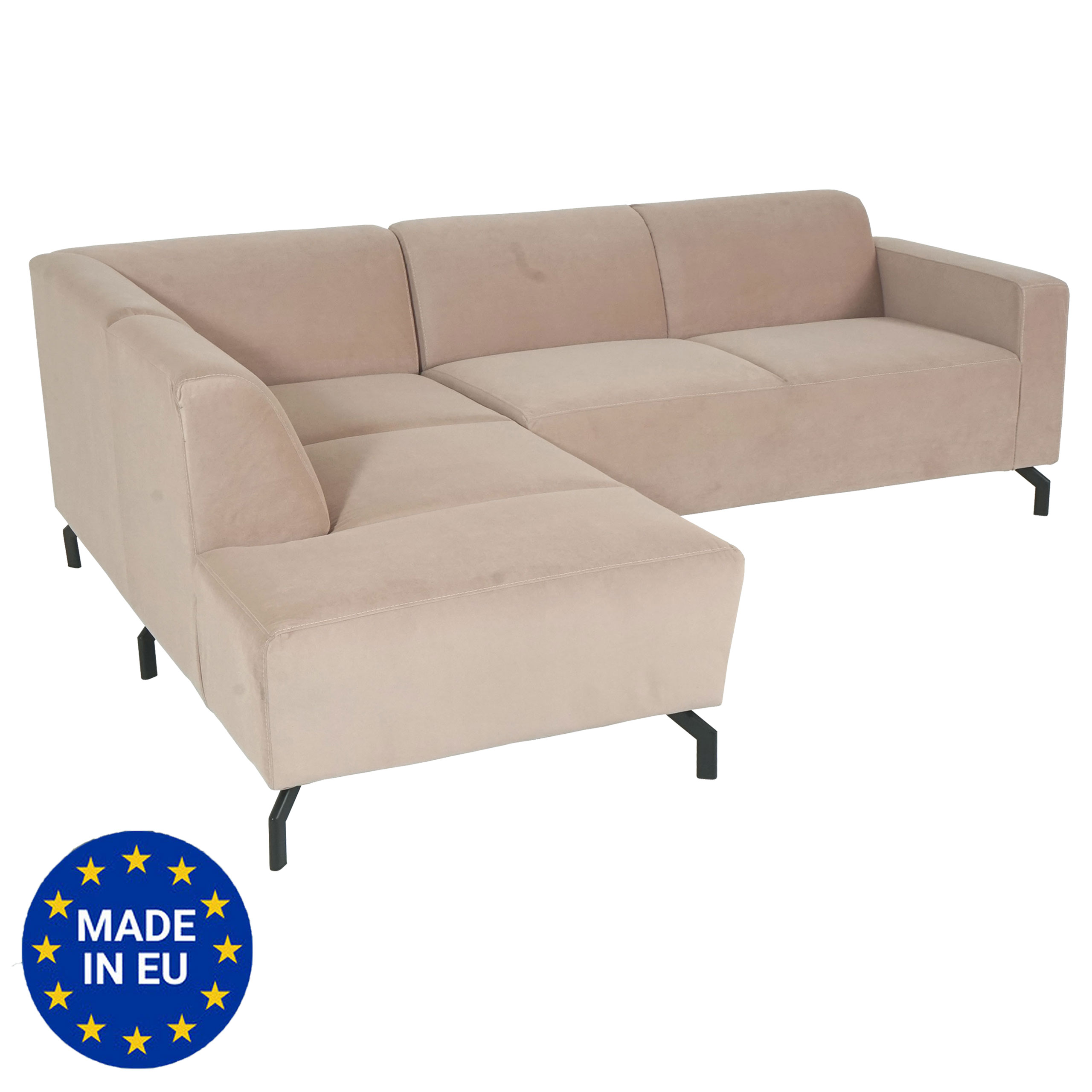 Ecksofa HWC-J60, Couch Sofa mit Ottomane links, Made in EU, wasserabweisend  ~ Samt sand von Heute-Wohnen