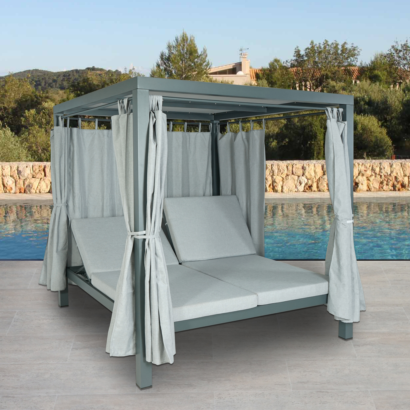 Lounge-Gartenliege HWC-J66, XL Sonnenliege Bali-Liege Doppelliege  Outdoor-Bett, 10cm-Polster aus Olefin Alu ~ grau von Heute-Wohnen