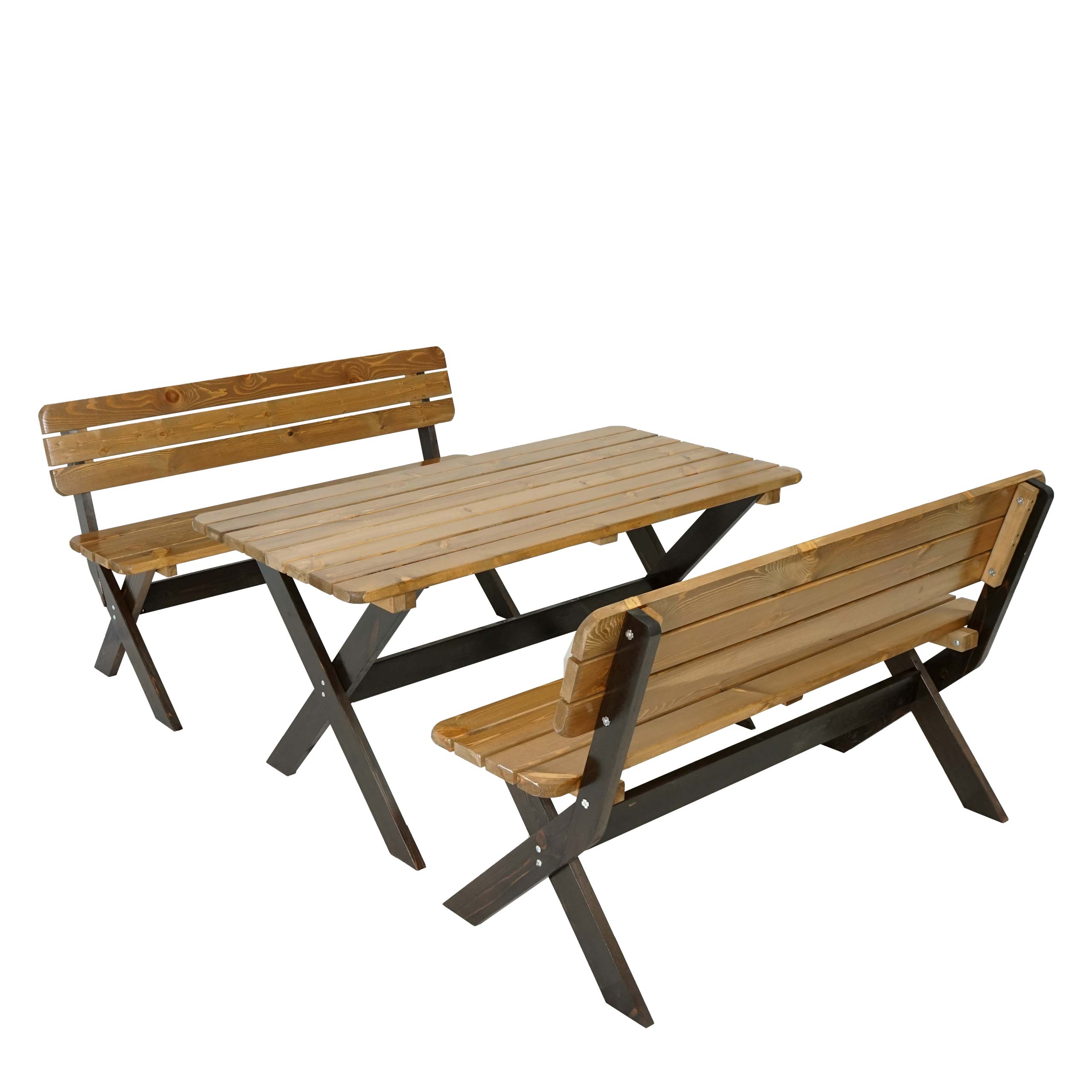 Gartengarnitur HWC-J83, Tisch + 2x Bank Sitzgruppe, Massiv-Holz  FSC-zertifiziert ~ braun, Kiefer dunkelbraun von Heute-Wohnen