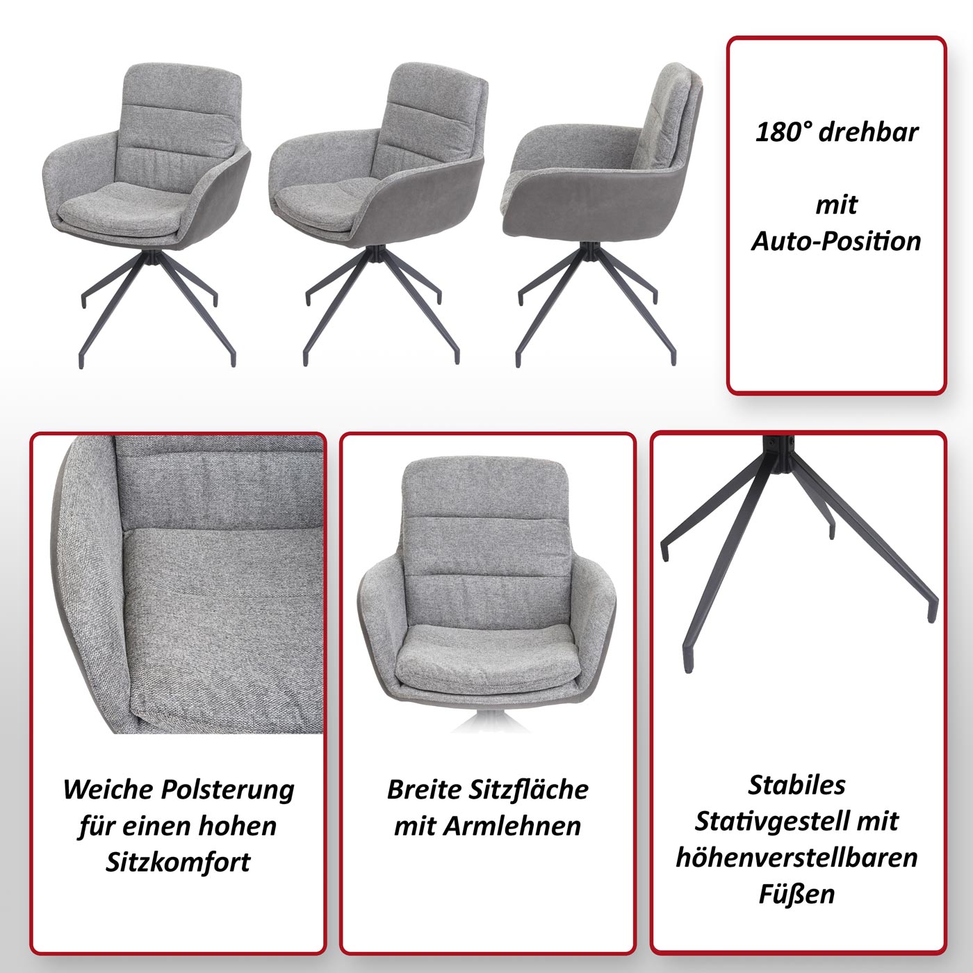 Esszimmerstuhl HWC-K32, Küchenstuhl Lehnstuhl Stuhl, drehbar Auto-Position,  Stoff/Textil - grau-dunkelgrau | Swisshandel24