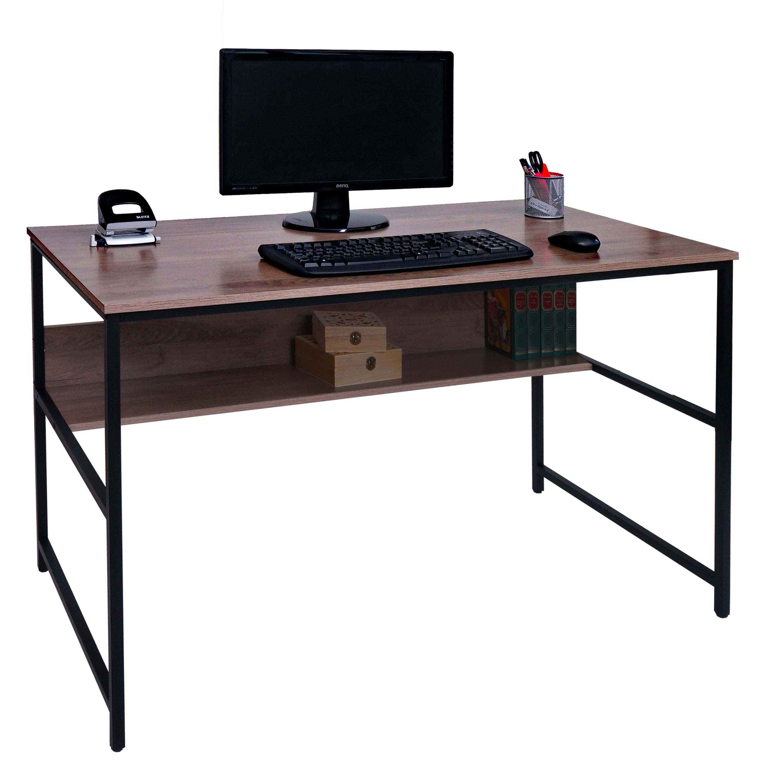 Schreibtisch HWC-K80, Bürotisch Computertisch Arbeitstisch Ablage, Metall  MDF 120x60cm ~ grau-braun von Heute-Wohnen